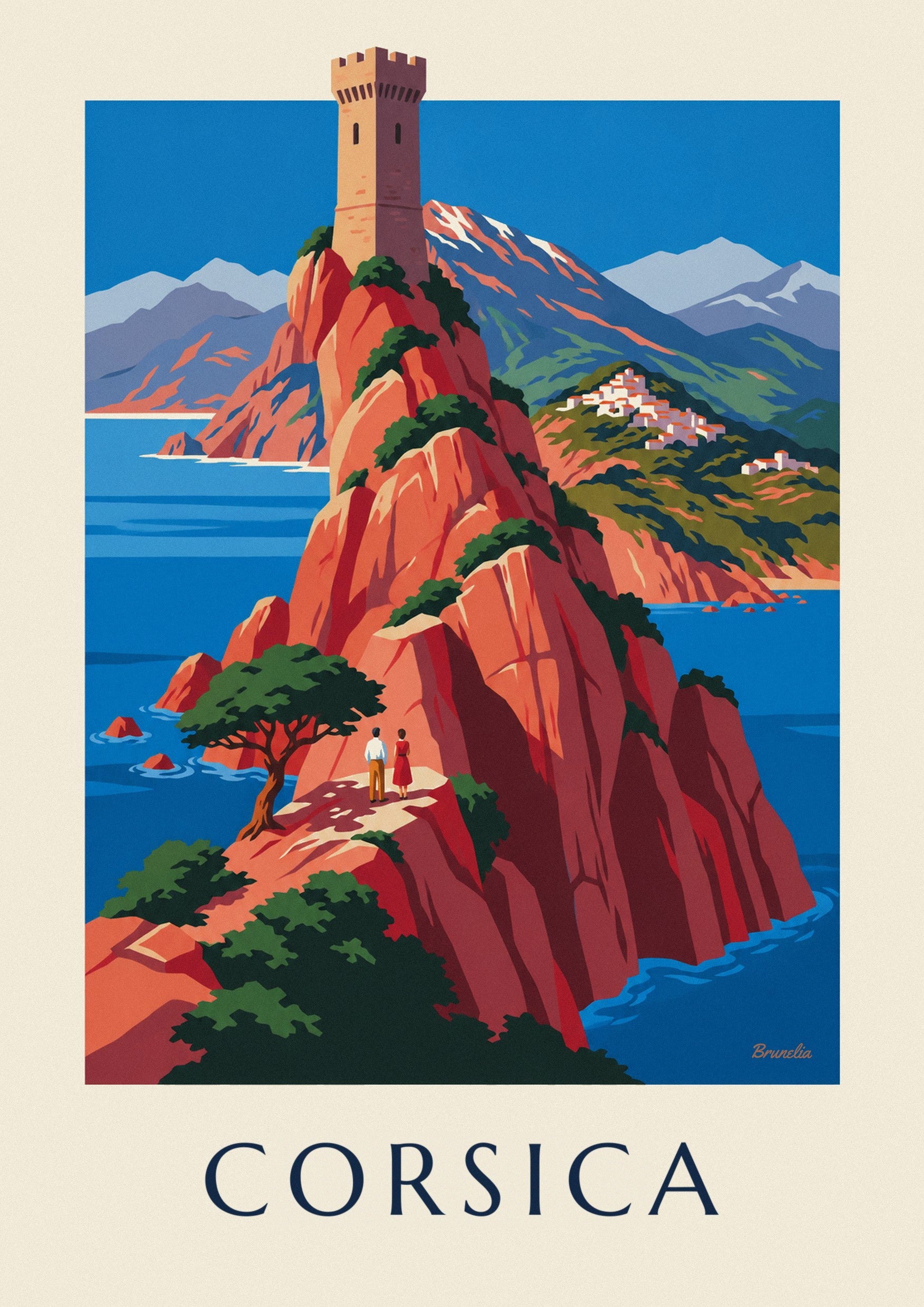 Poster costa selvaggia della Corsica, scogliere rosse e Monte Cinto: dettaglio in primo piano