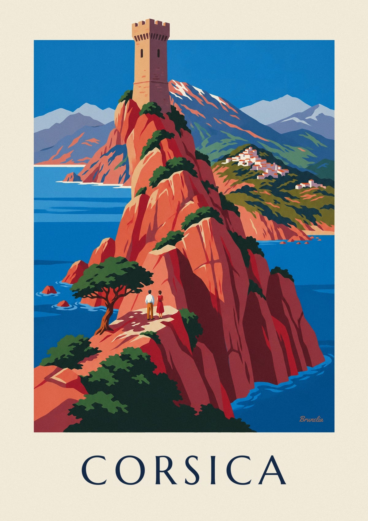 Poster costa selvaggia della Corsica, scogliere rosse e Monte Cinto