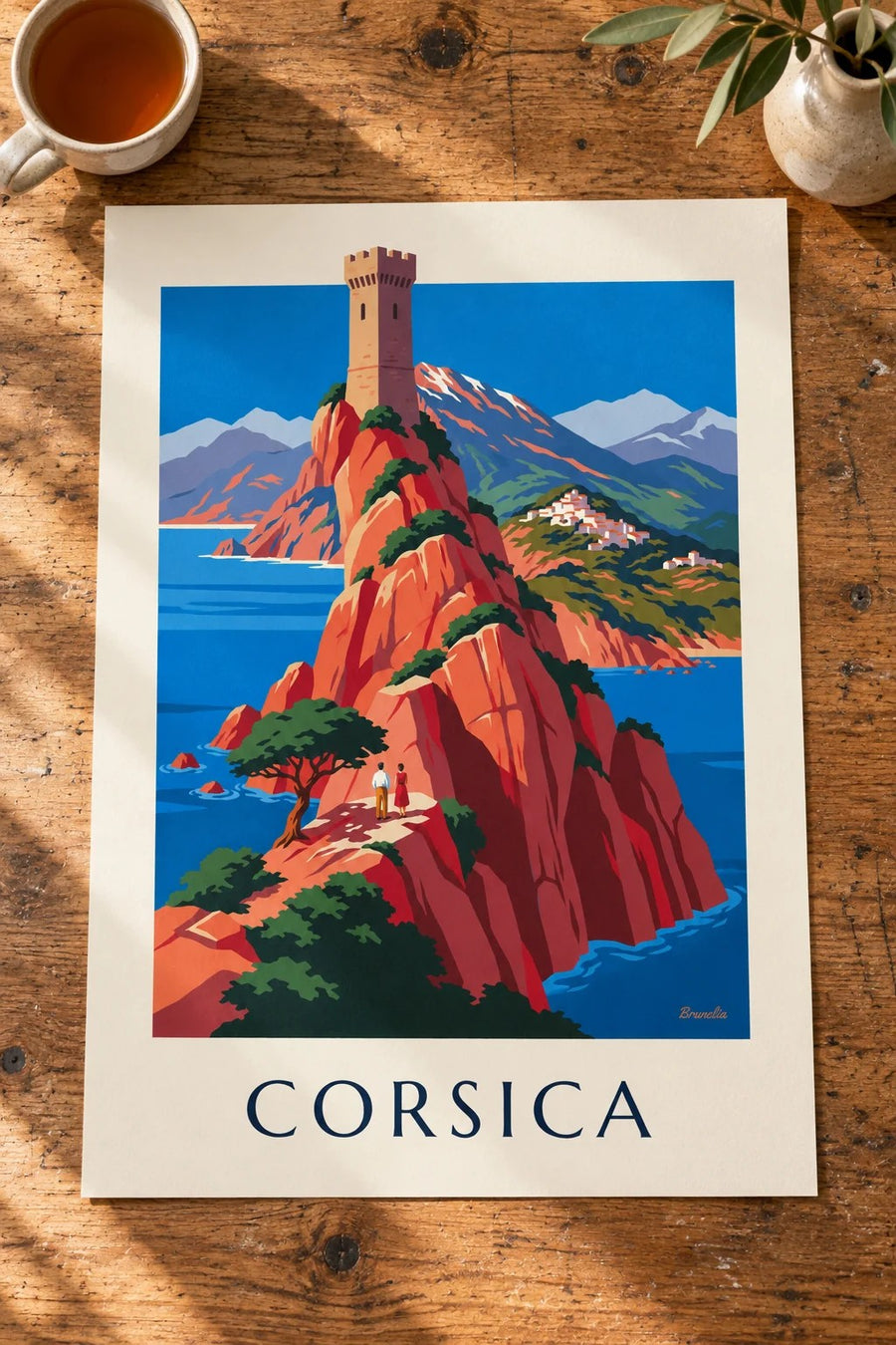 Poster costa selvaggia della Corsica, scogliere rosse e Monte Cinto: appoggiato su un tavolo