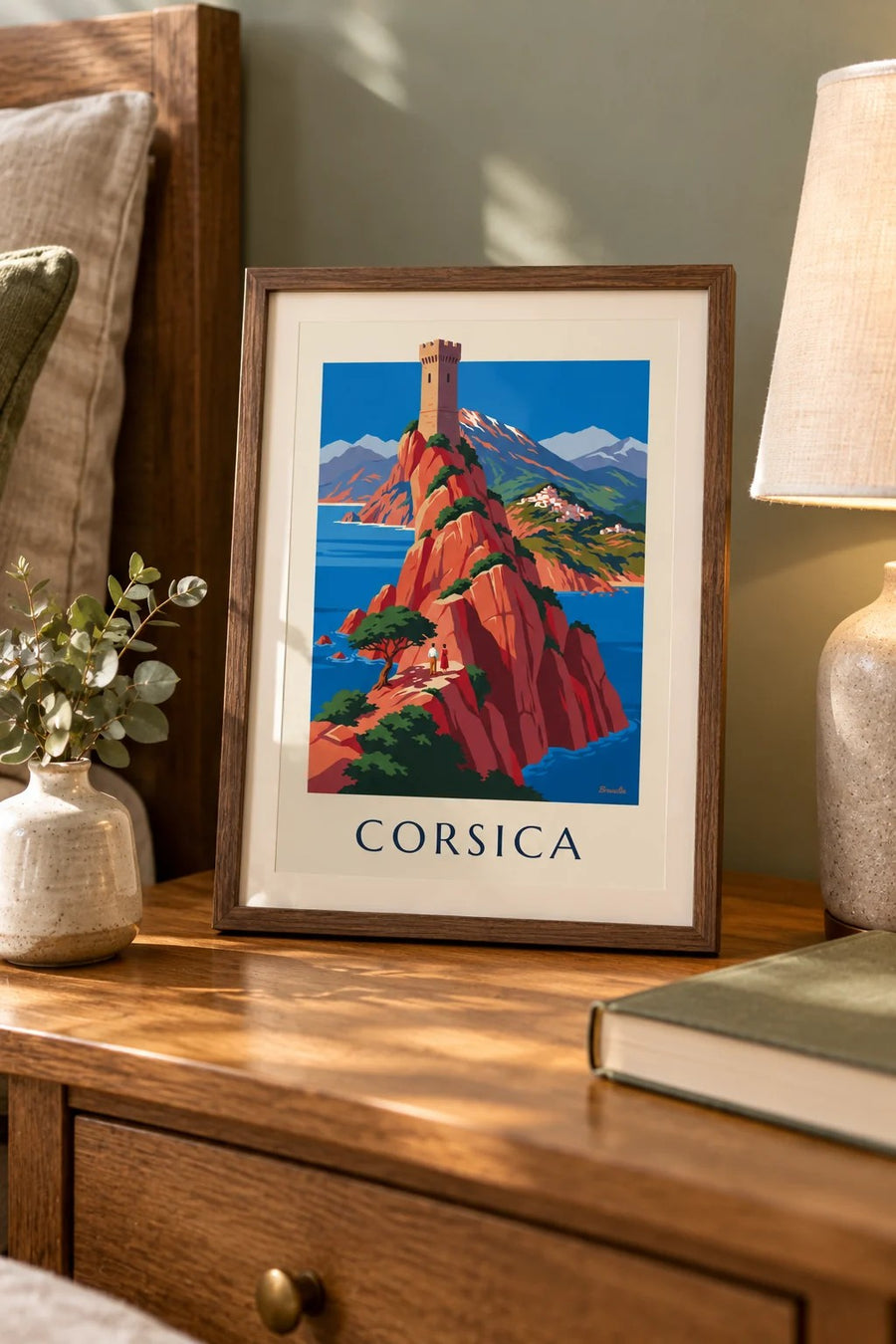 Poster costa selvaggia della Corsica, scogliere rosse e Monte Cinto: formato piccolo A4 con cornice