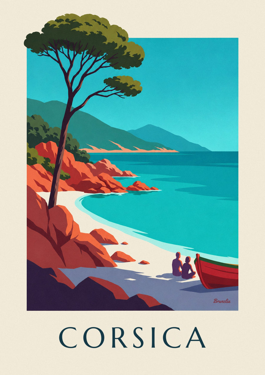 Poster baia della Corsica, rocce di granito rosso e pino a ombrello