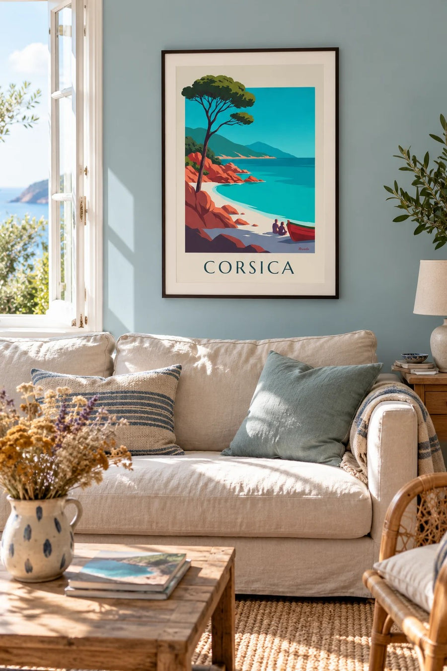 Poster baia della Corsica, rocce di granito rosso e pino a ombrello: incorniciato alla parete