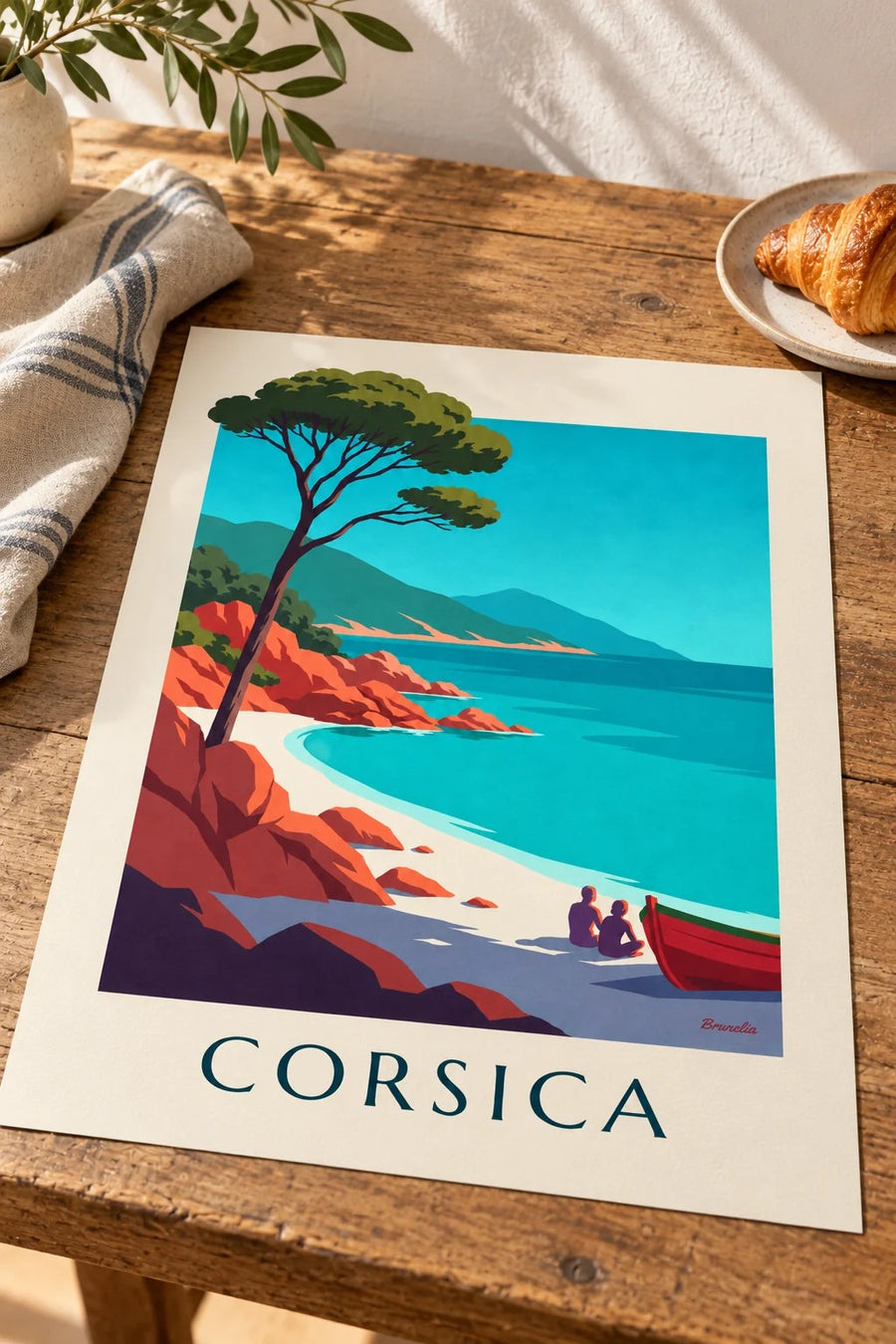 Poster baia della Corsica, rocce di granito rosso e pino a ombrello: appoggiato su un tavolo