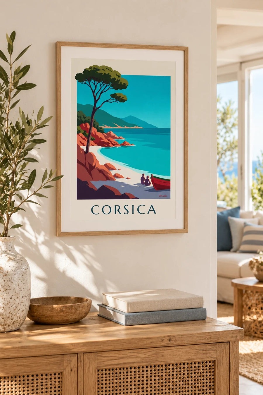 Poster baia della Corsica, rocce di granito rosso e pino a ombrello: piccolo formato A4 incorniciato