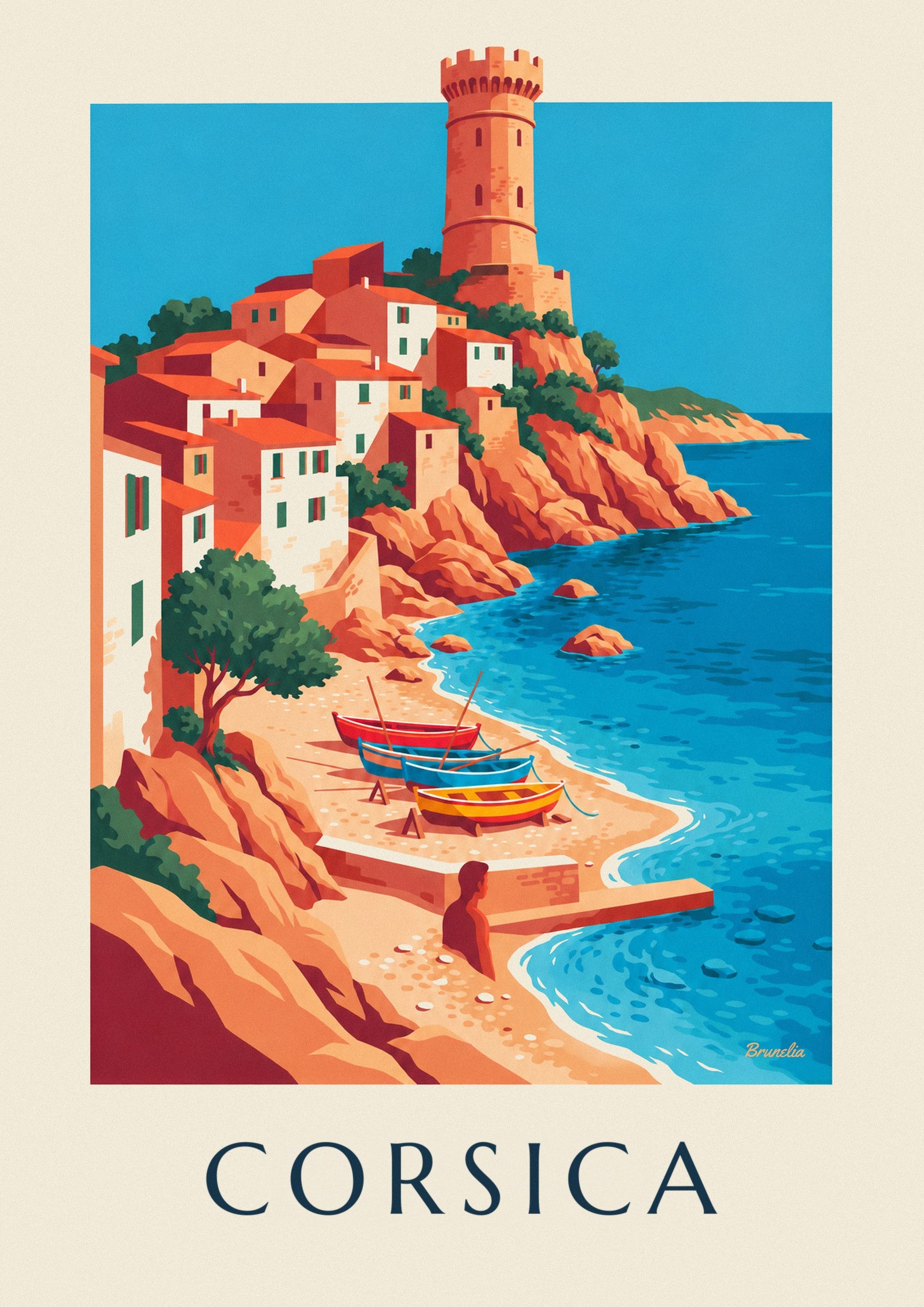 Poster villaggio costiero, torre genovese e barche in Corsica: dettaglio in primo piano