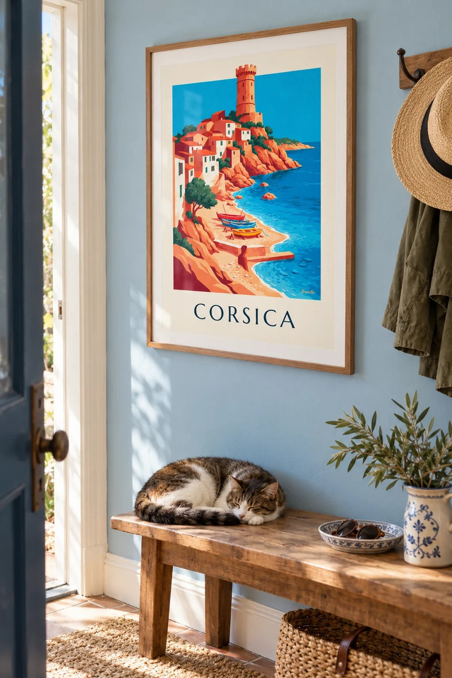 Poster villaggio costiero, torre genovese e barche in Corsica: incorniciato alla parete