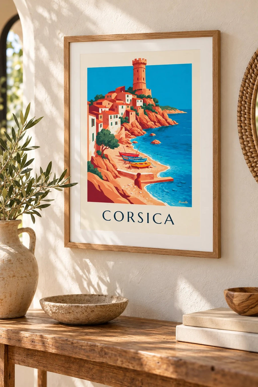 Poster villaggio costiero, torre genovese e barche in Corsica: piccolo formato A4 incorniciato