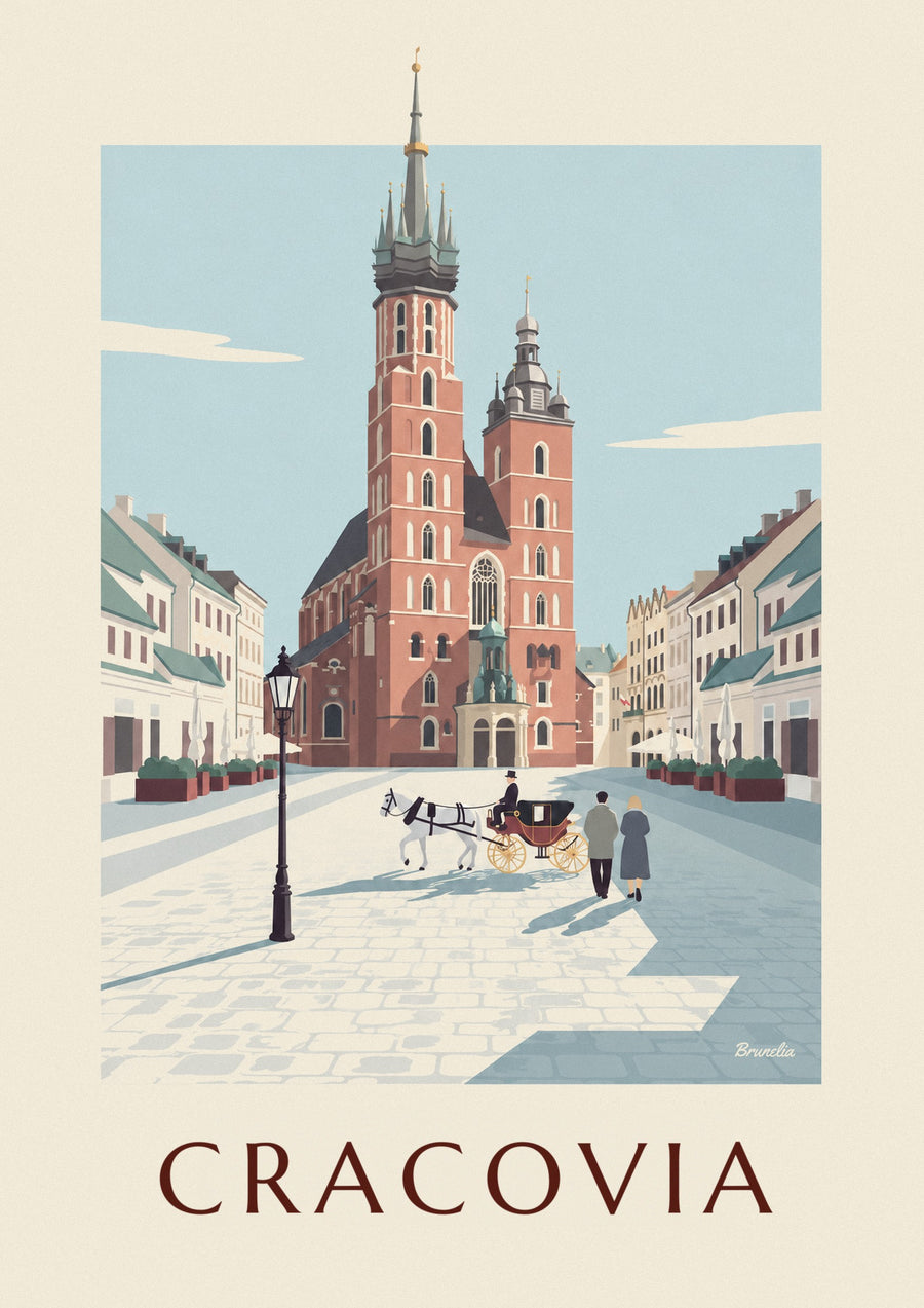 Poster basilica di Santa Maria e carrozza nella piazza di Cracovia