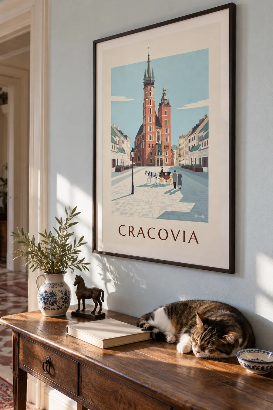 Poster basilica di Santa Maria e carrozza nella piazza di Cracovia: incorniciato alla parete