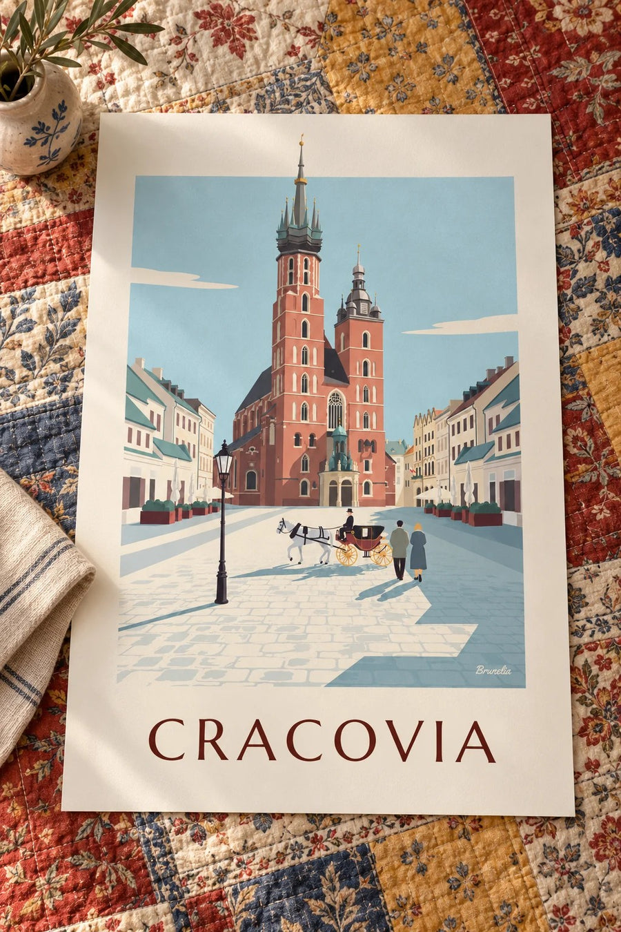 Poster basilica di Santa Maria e carrozza nella piazza di Cracovia: appoggiato su un tavolo