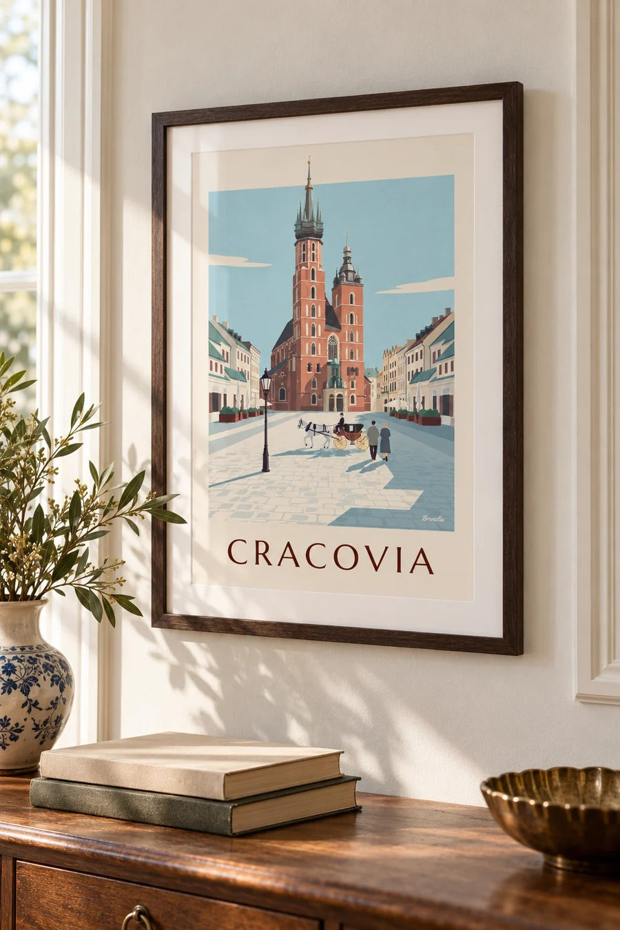 Poster basilica di Santa Maria e carrozza nella piazza di Cracovia: piccolo formato A4 incorniciato