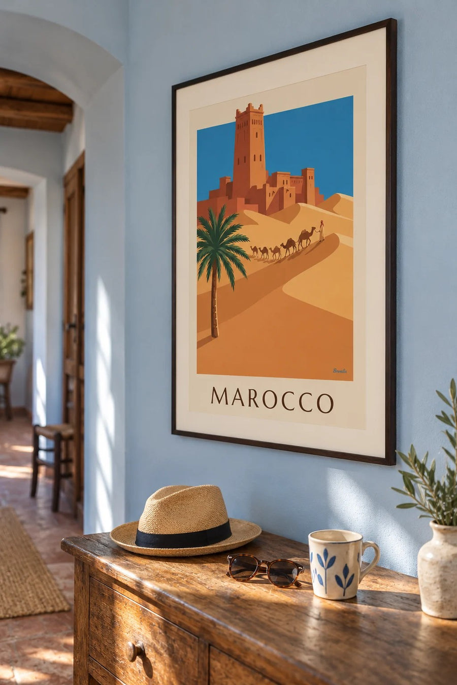 Poster casbah e carovana di cammelli nel deserto marocchino: incorniciato alla parete