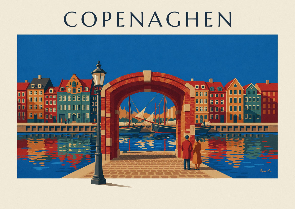 Poster case colorate e vecchi velieri di Nyhavn a Copenaghen