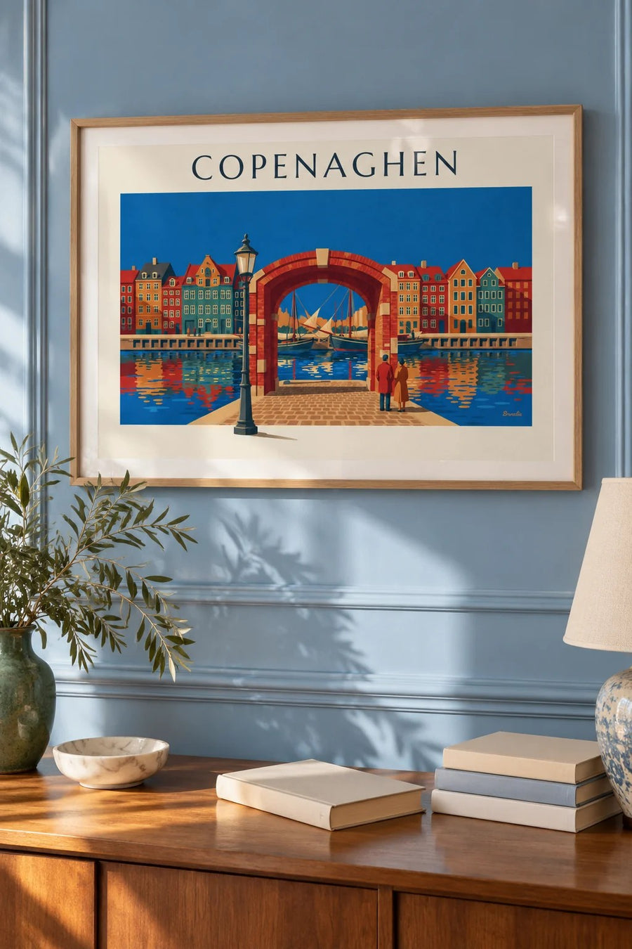 Poster case colorate e vecchi velieri di Nyhavn a Copenaghen: incorniciato a parete