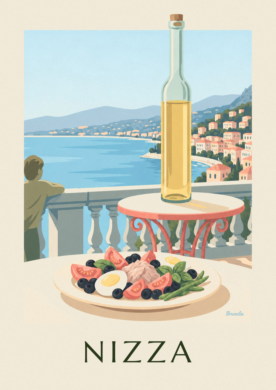 Poster insalata nizzarda su una terrazza di fronte al mare