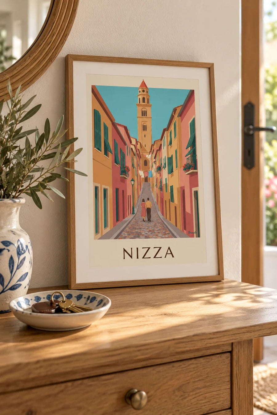 Poster vicolo colorato della Vecchia Nizza e campanile di Santa Reparata: piccolo formato A4 incorniciato