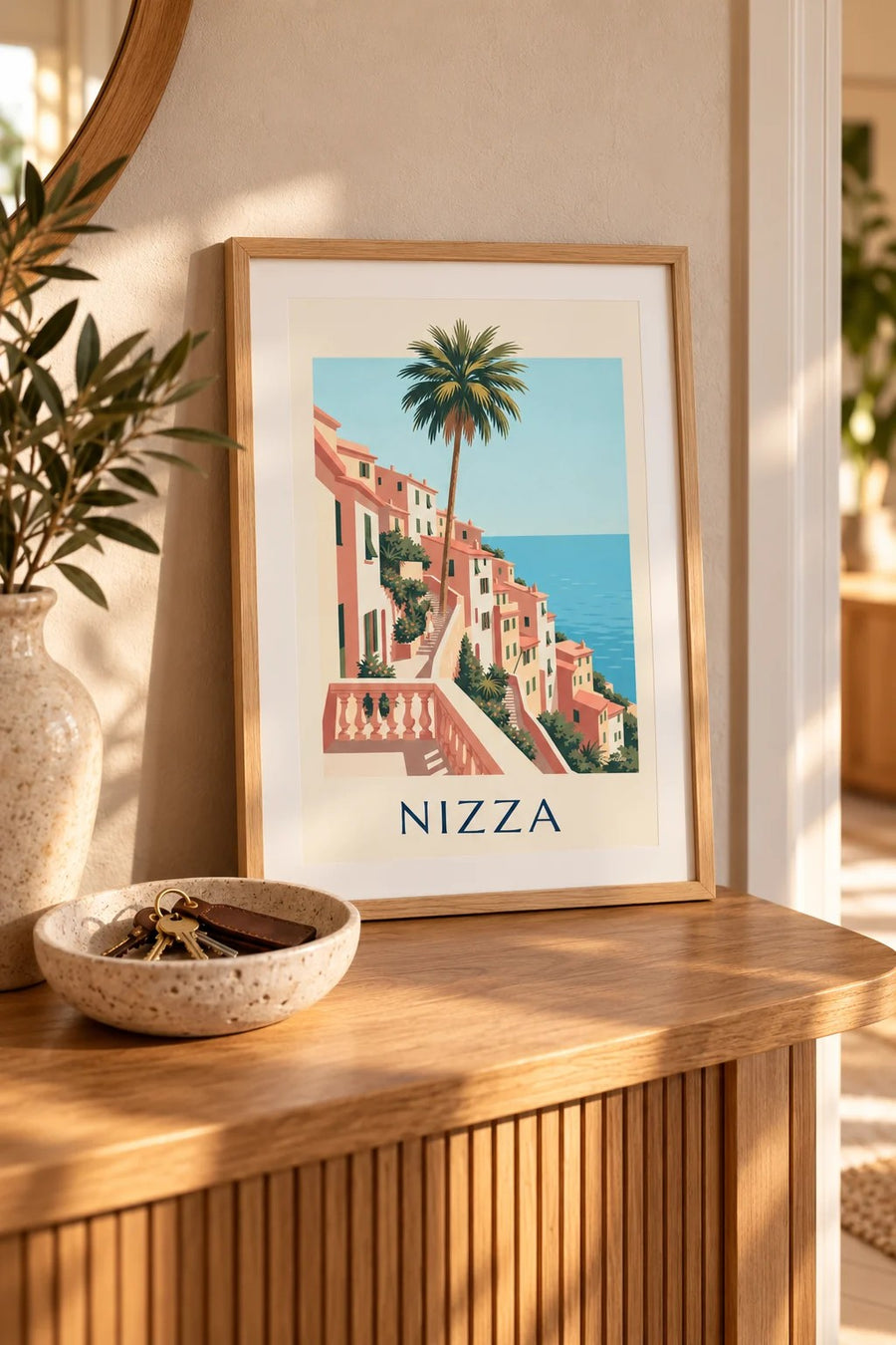 Poster case ocra e mare azzurro sulle colline di Nizza: piccolo formato A4 incorniciato