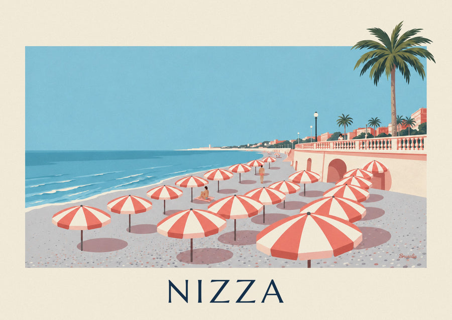 Poster ombrelloni a righe sulla spiaggia di Nizza, Baia degli Angeli