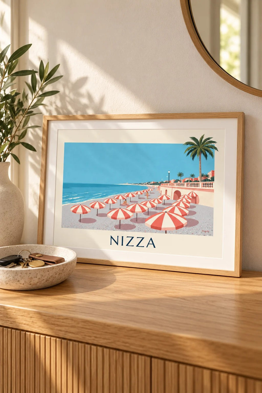 Poster ombrelloni a righe sulla spiaggia di Nizza, Baia degli Angeli: piccolo formato A4 con cornice