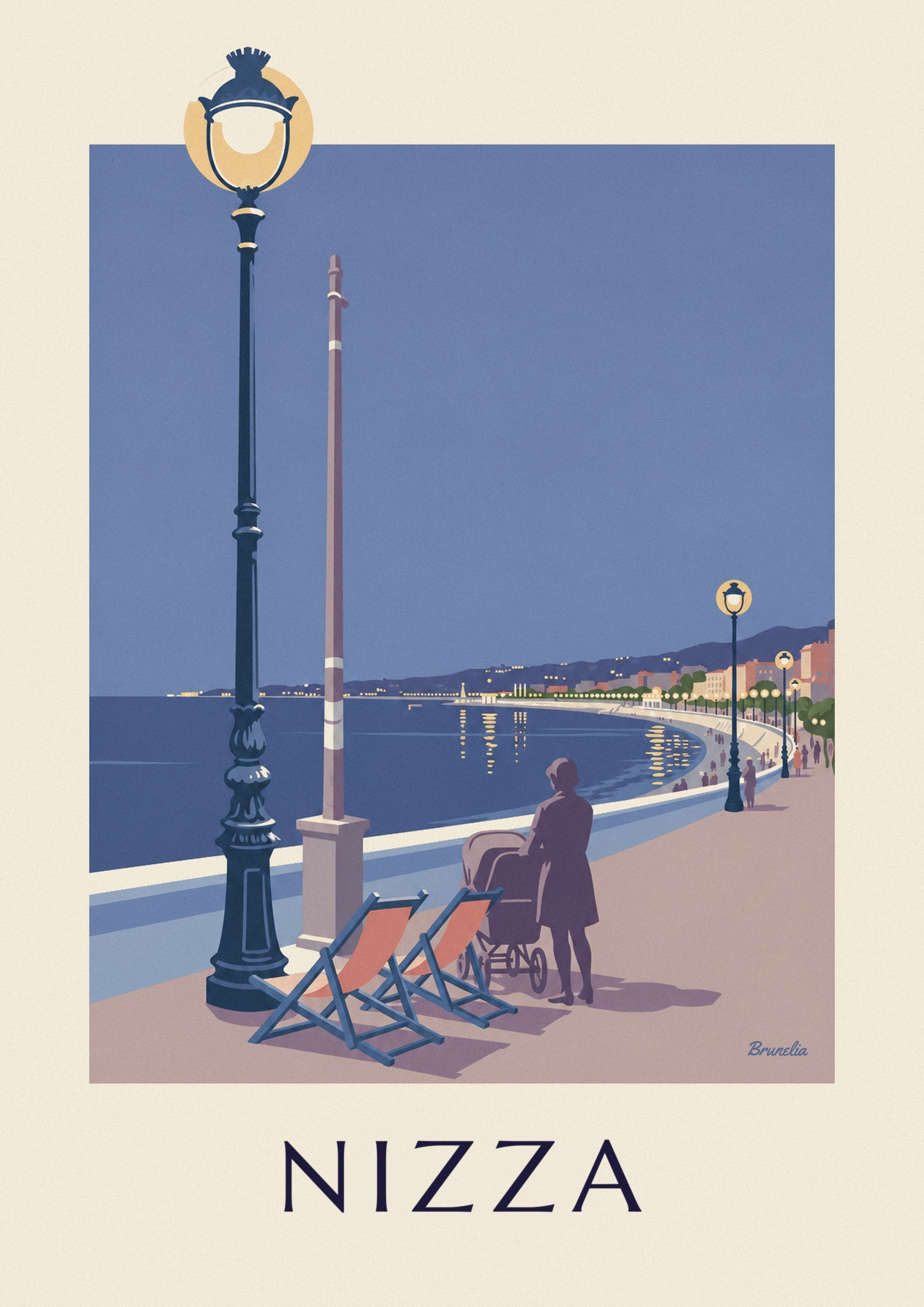 Poster sdraio e lampione di fronte alla Baia degli Angeli di sera: dettaglio in primo piano