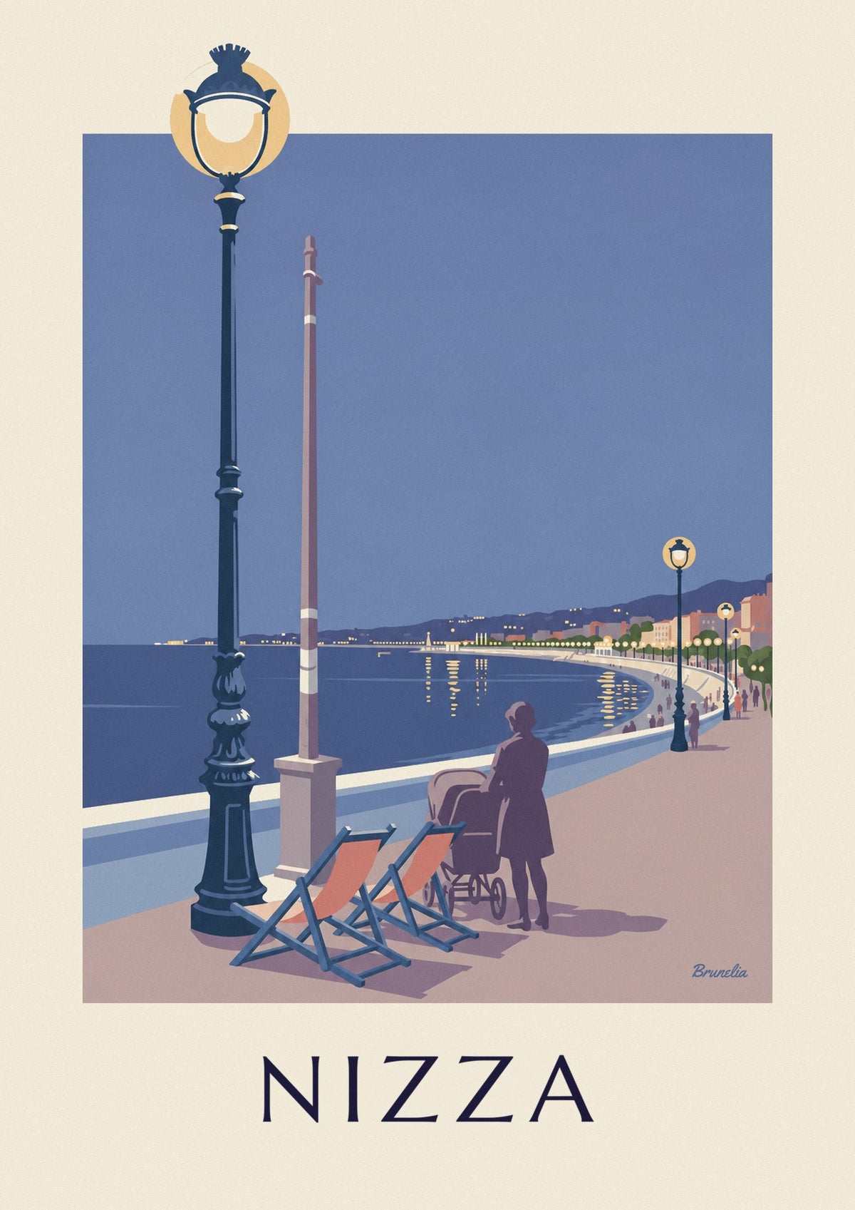 Poster sdraio e lampione di fronte alla Baia degli Angeli di sera