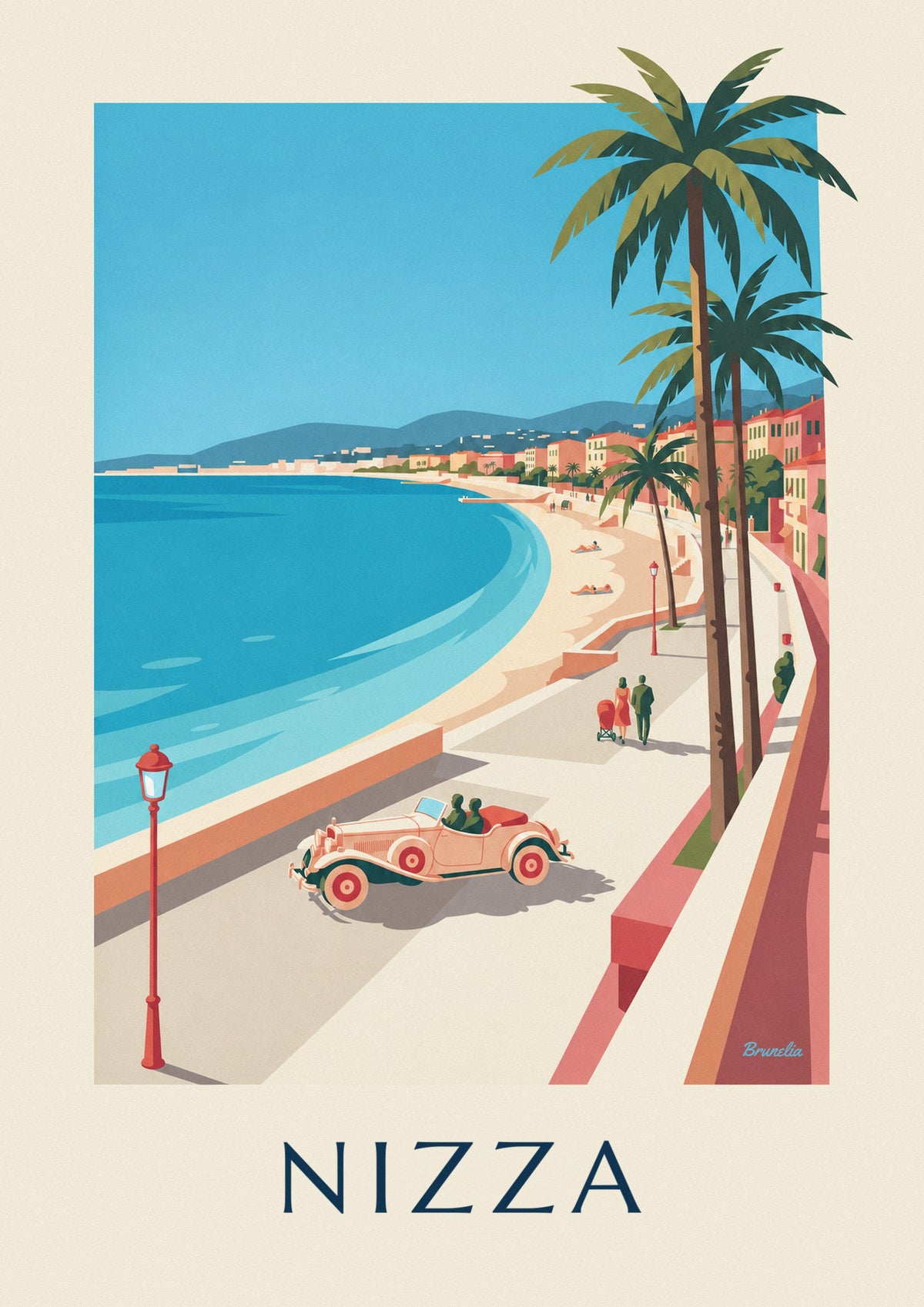 Poster cabriolet e passanti sotto le palme della Baia degli Angeli a Nizza