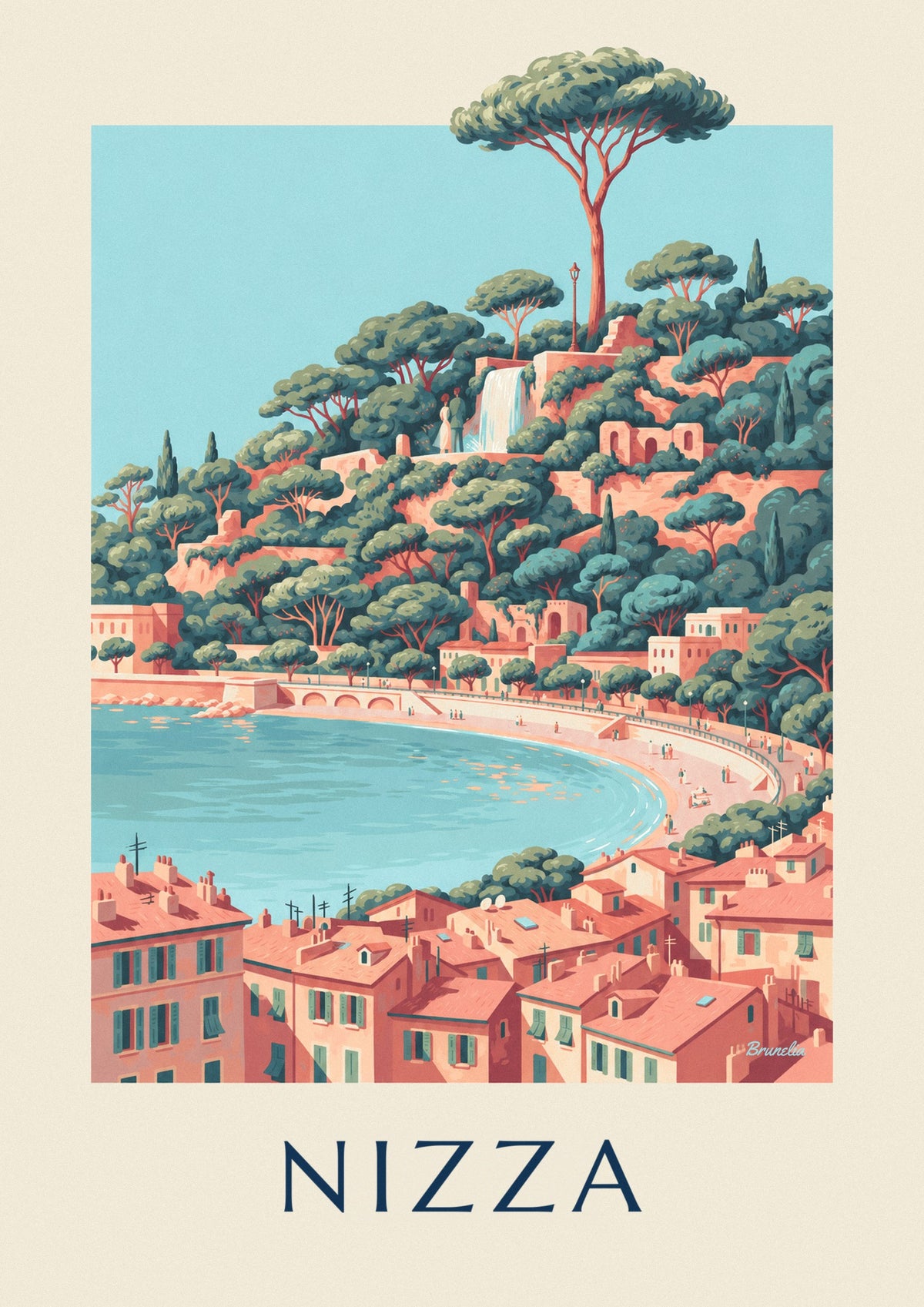 Poster cascata della collina del Castello e Baia degli Angeli a Nizza