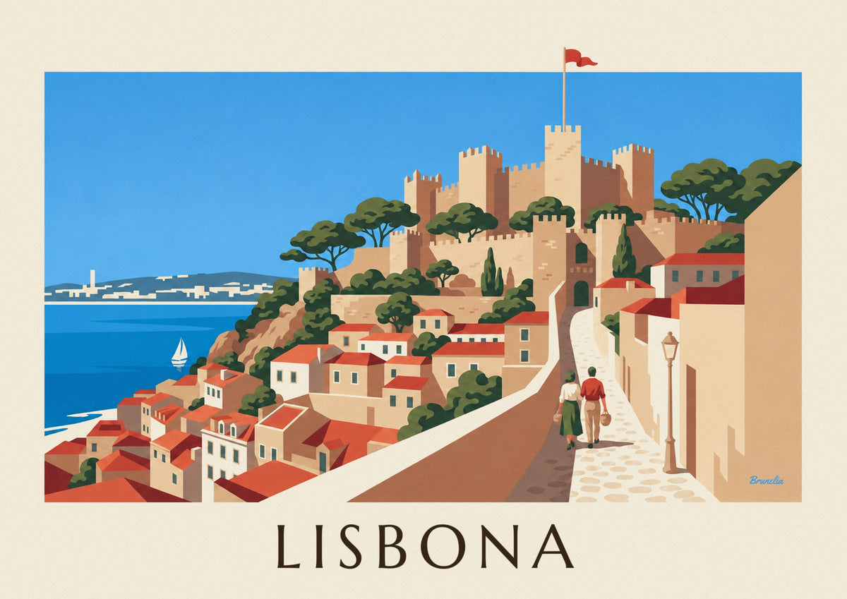 Poster castello di San Giorgio e tetti dell'Alfama a Lisbona