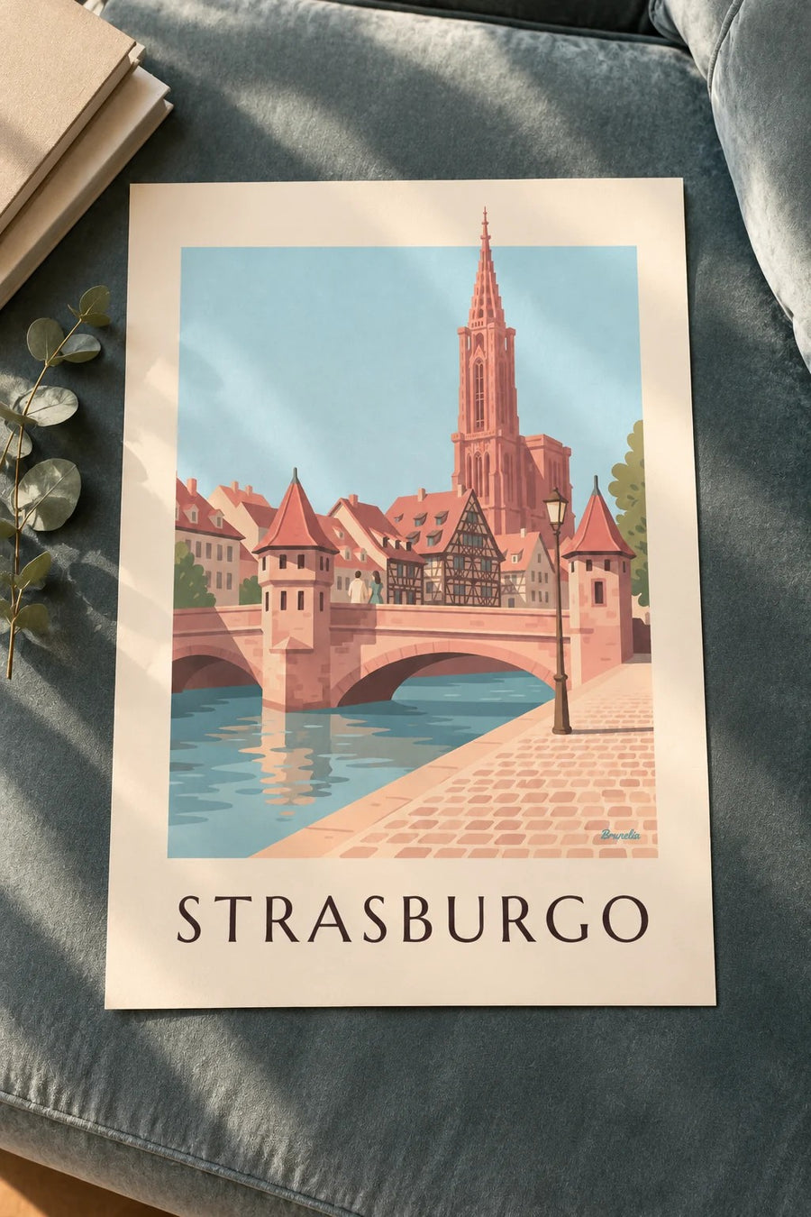 Poster cattedrale di Strasburgo e ponte medievale: appoggiato su un tavolo