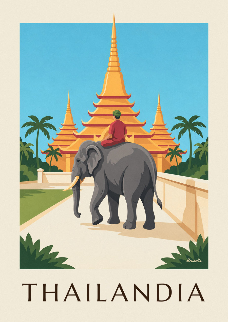 Poster elefante e pagode dorate in Thailandia