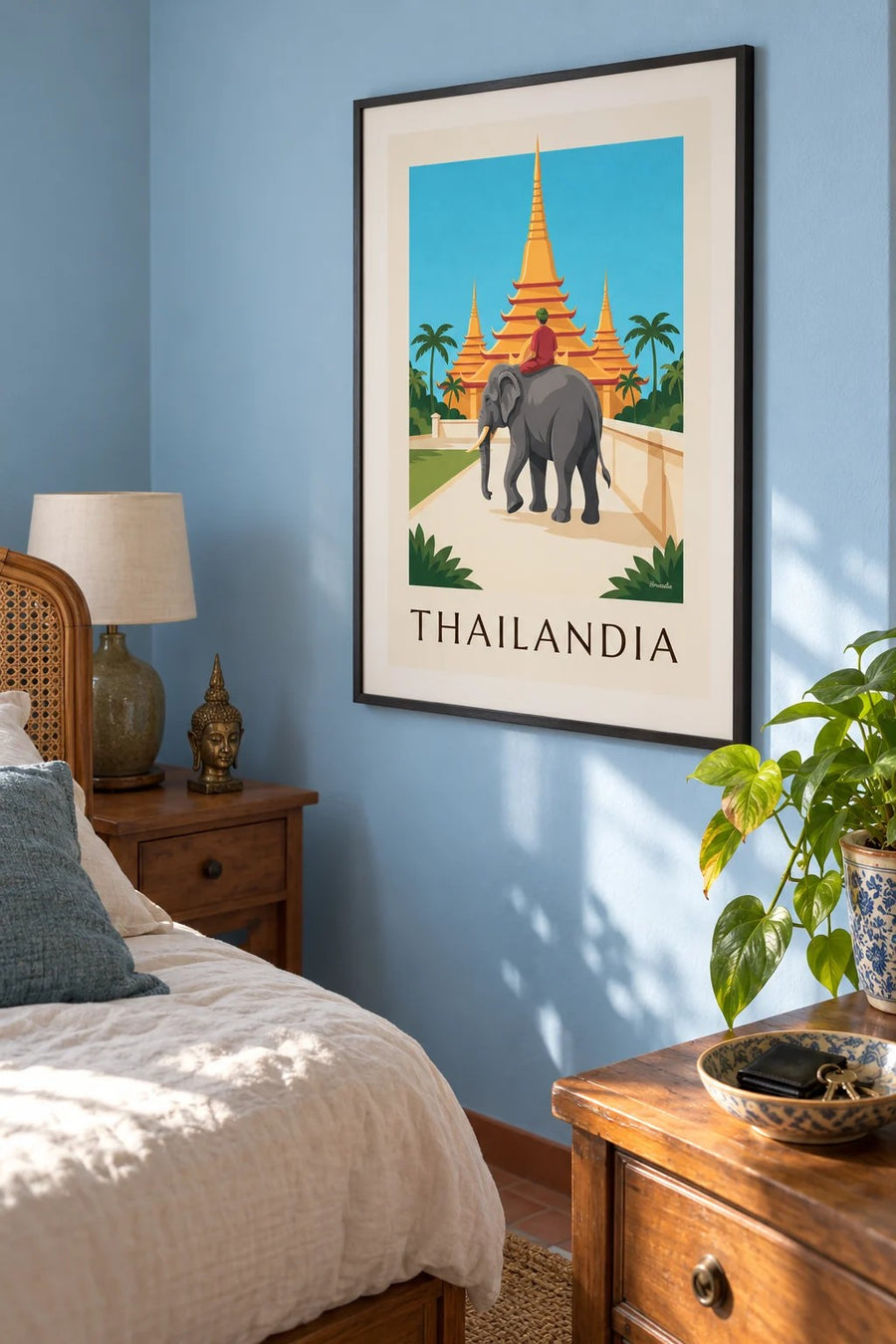 Poster elefante e pagode dorate in Thailandia: con cornice appesa al muro