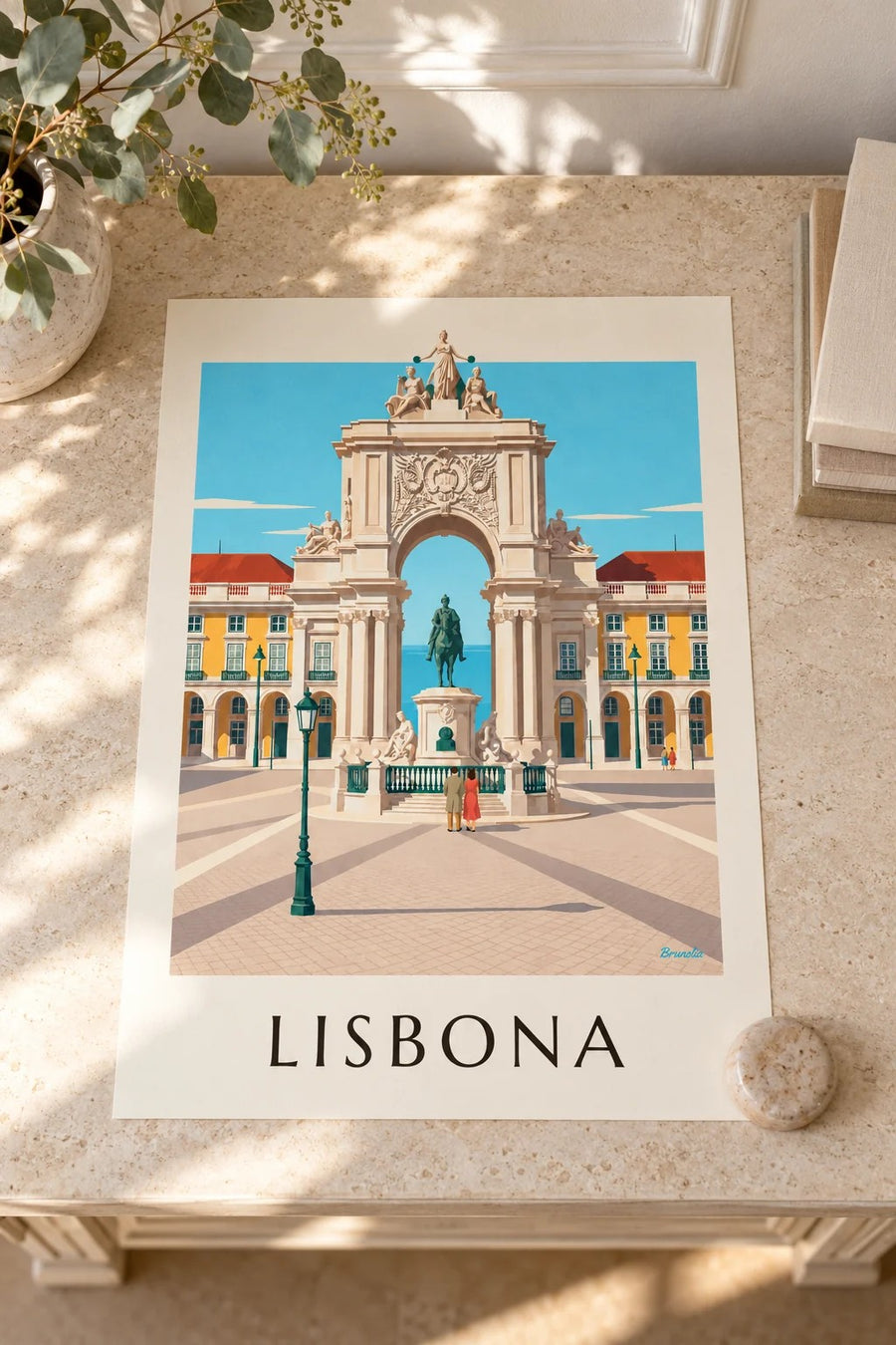 Poster Piazza del Commercio e arco di Rua Augusta a Lisbona: appoggiato su un tavolo