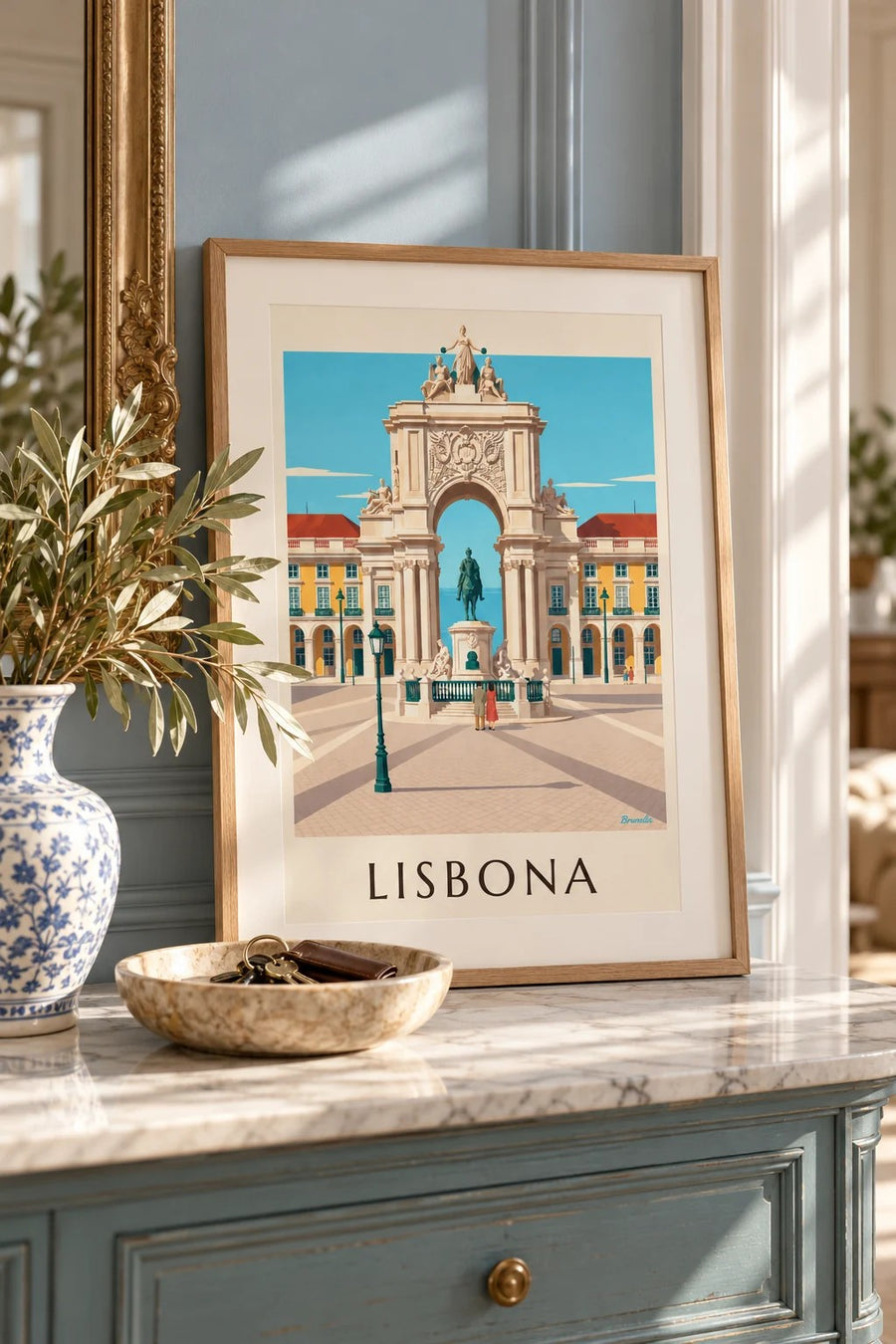 Poster Piazza del Commercio e arco di Rua Augusta a Lisbona: formato piccolo A4 con cornice