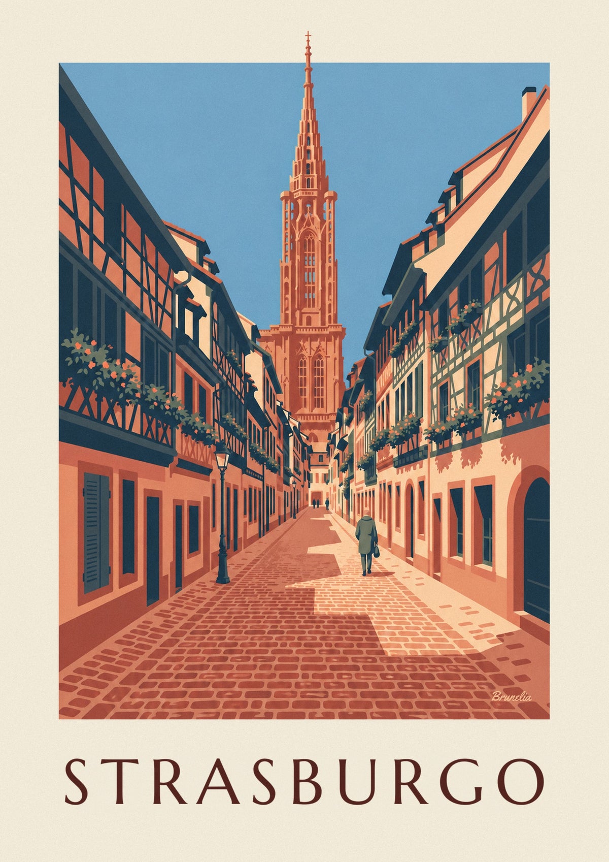 Poster vicolo acciottolato e cattedrale della vecchia Strasburgo