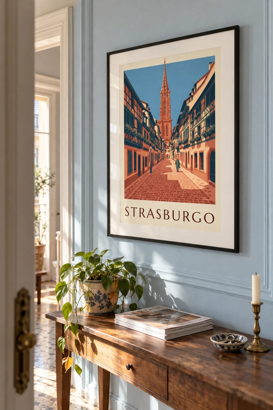 Poster vicolo acciottolato e cattedrale della vecchia Strasburgo: incorniciato alla parete