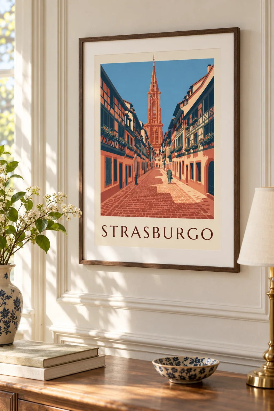 Poster vicolo acciottolato e cattedrale della vecchia Strasburgo: formato piccolo A4 con cornice
