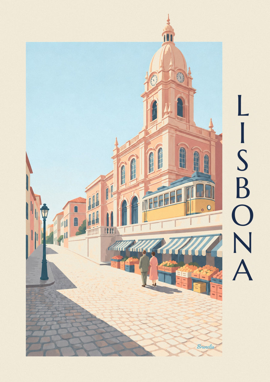 Poster mercato della Ribeira a Lisbona e tram giallo