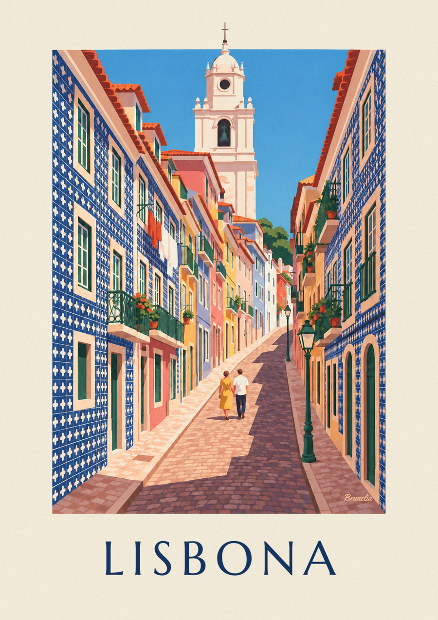 Poster vicolo di Lisbona con facciate di azulejos