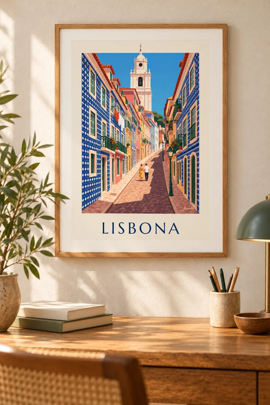 Poster vicolo di Lisbona con facciate di azulejos: formato piccolo A4 con cornice