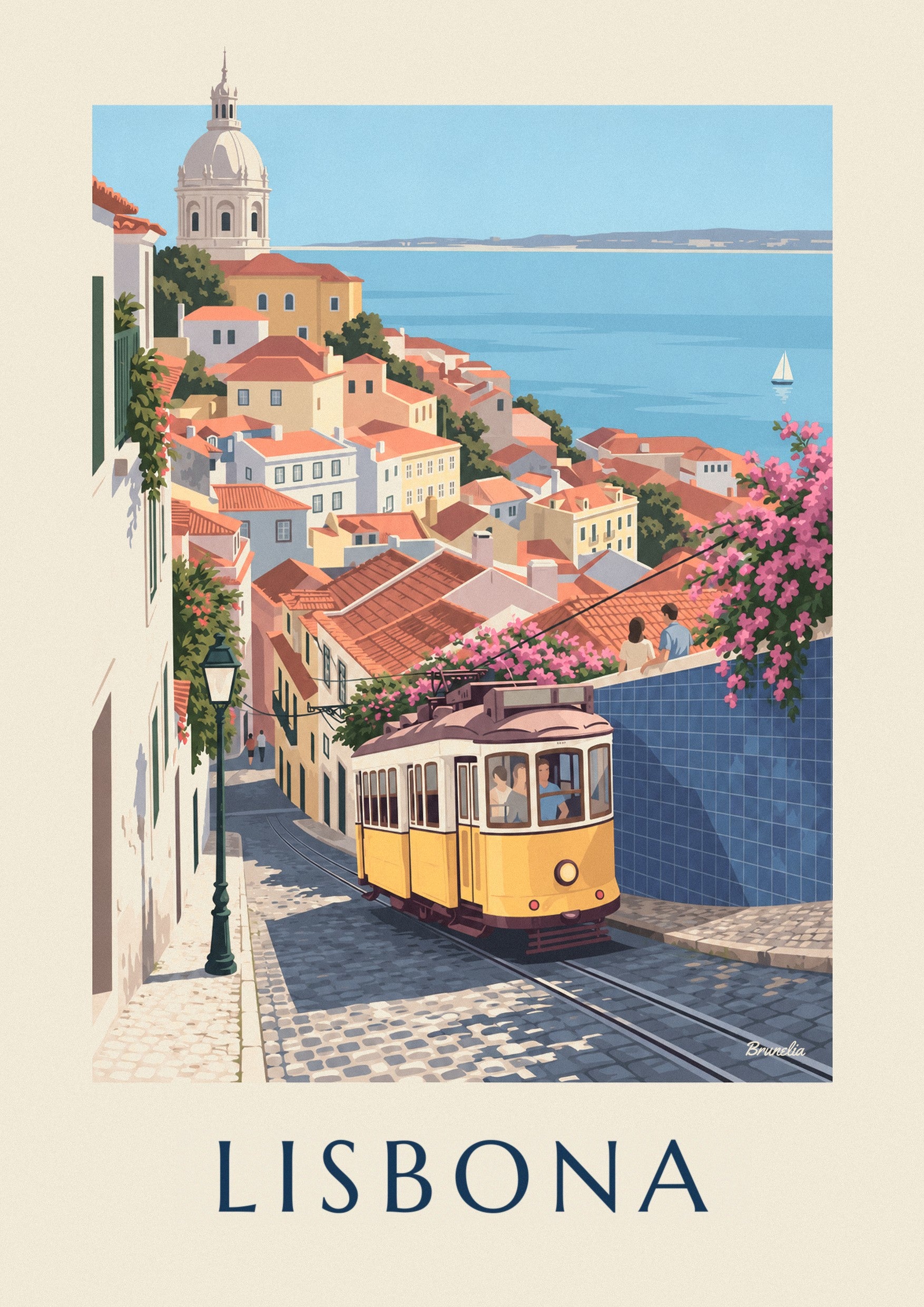 Poster tram giallo in una strada acciottolata di Lisbona di fronte al Tago: dettaglio in primo piano