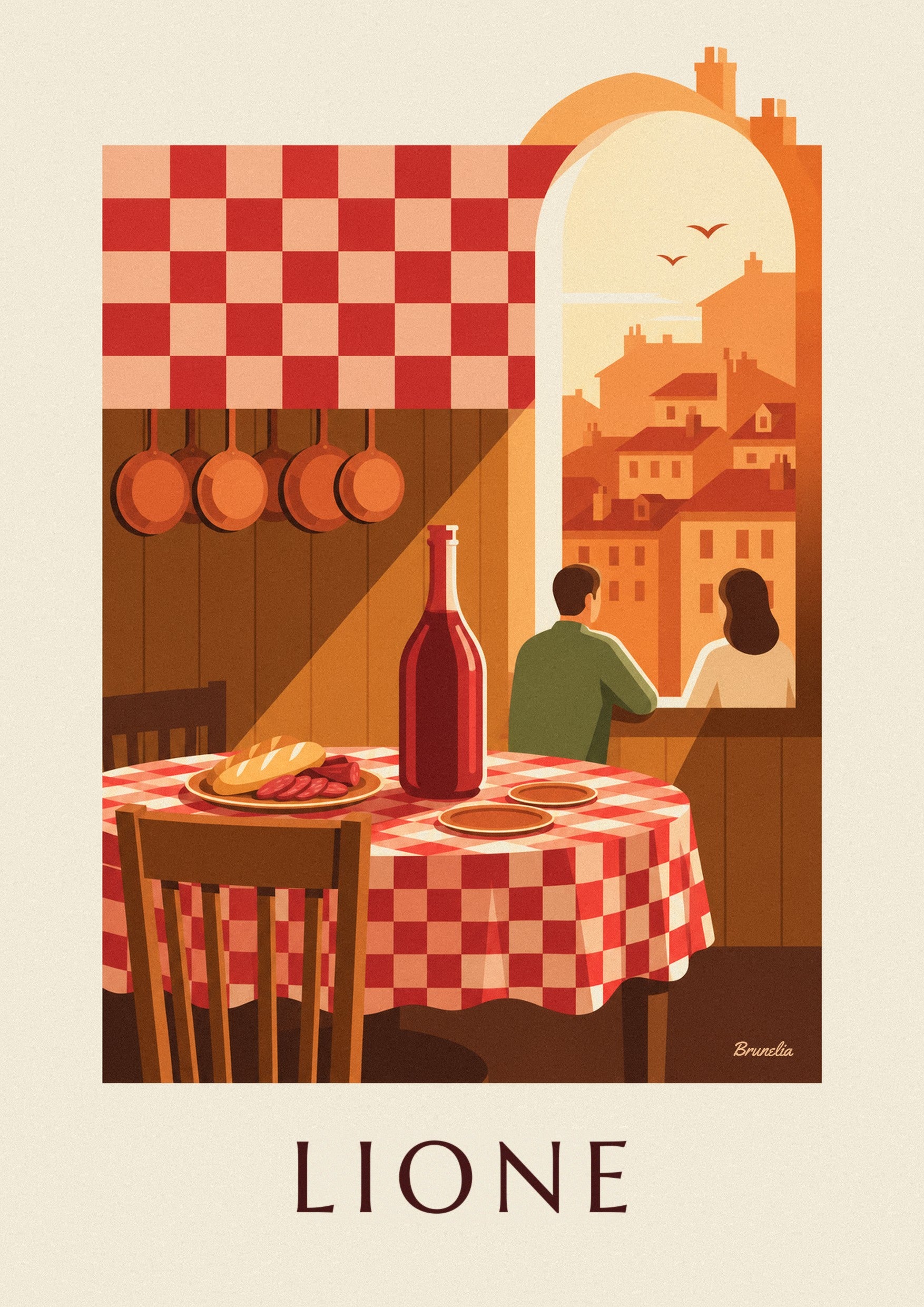 Poster bouchon lionese, tovaglia a quadri e caraffa di vino: dettaglio in primo piano
