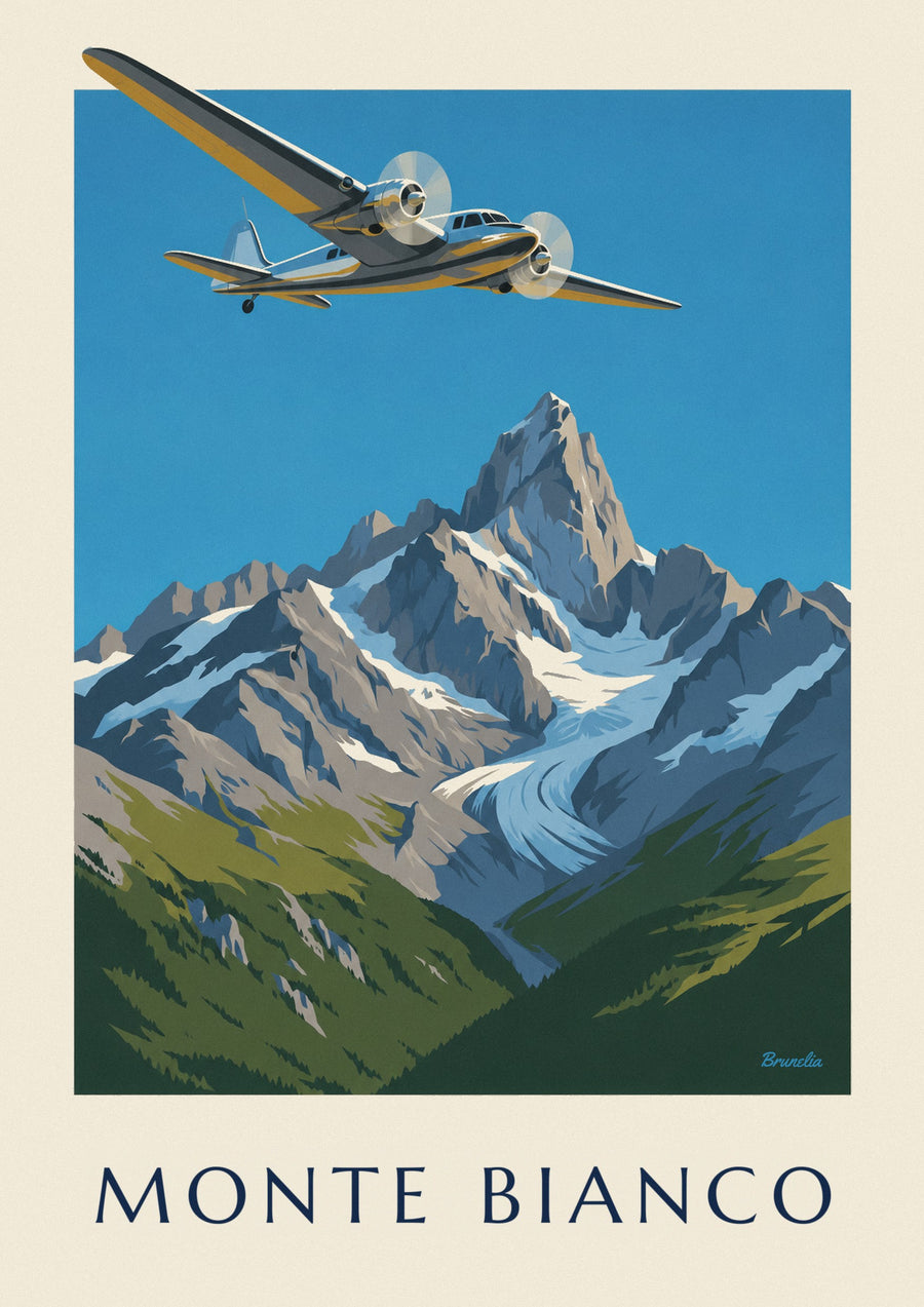 Poster bimotore in volo sul ghiacciaio del massiccio del Monte Bianco
