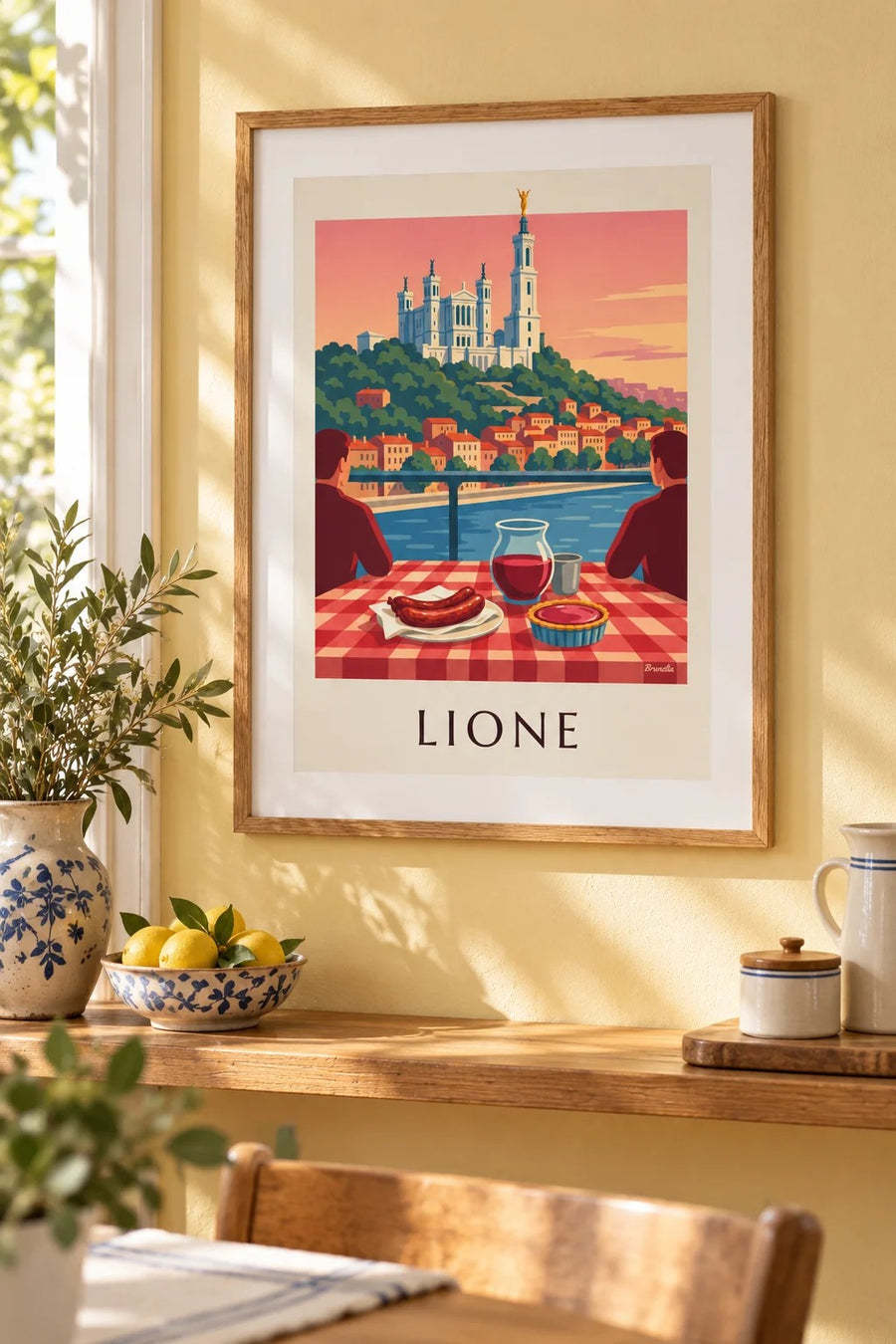Poster bouchon lionese davanti alla Saona e a Fourvière: formato piccolo A4 incorniciato
