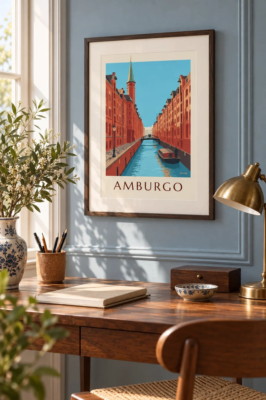 Poster magazzini della Speicherstadt ad Amburgo: piccolo formato A4 incorniciato