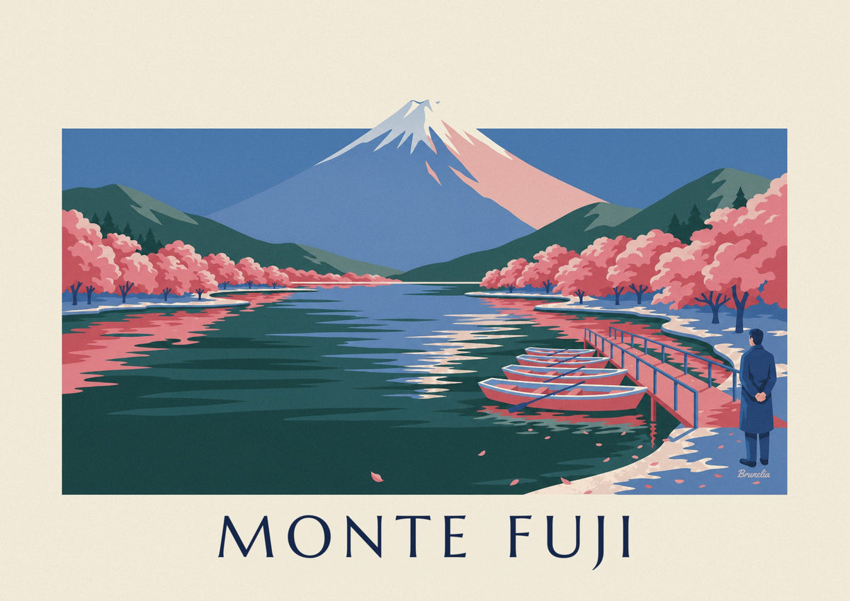 Poster monte Fuji, ciliegi in fiore e barche al pontile