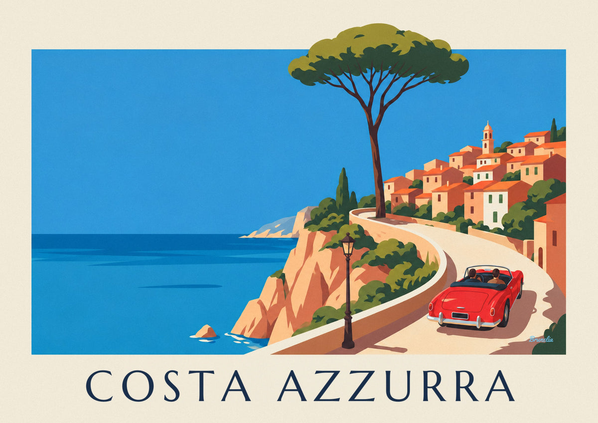 Poster cabriolet rossa sulla strada costiera della Costa Azzurra