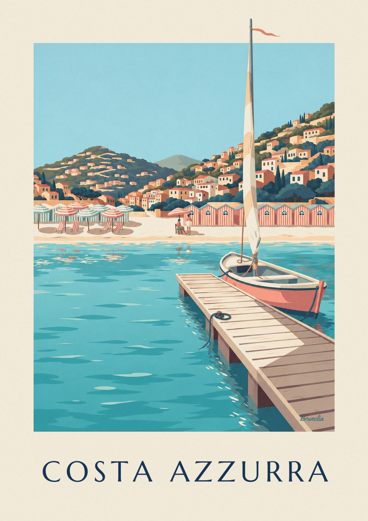 Poster cabine da spiaggia a righe e pontile sulla Costa Azzurra