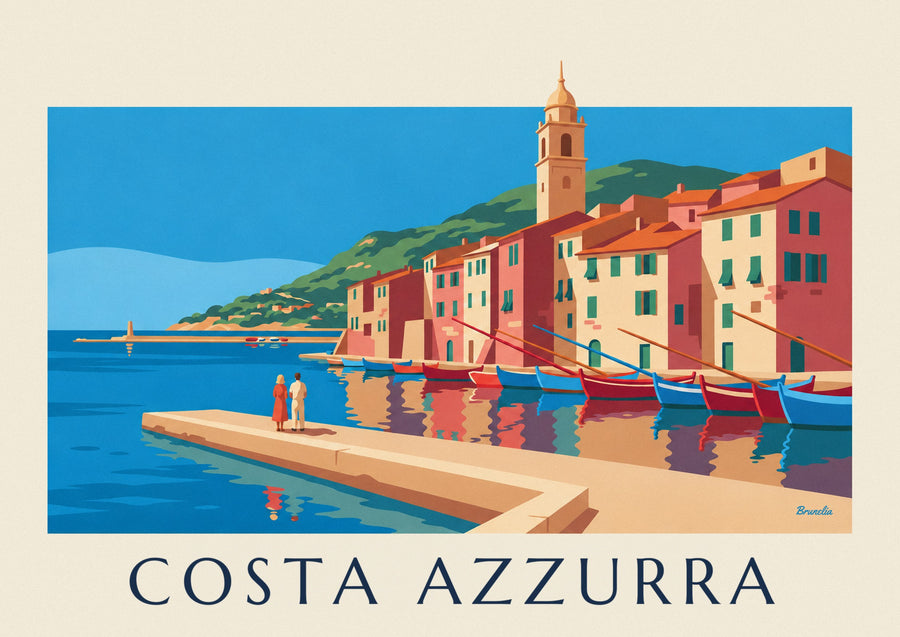 Poster facciate colorate e barche di un porto della Costa Azzurra