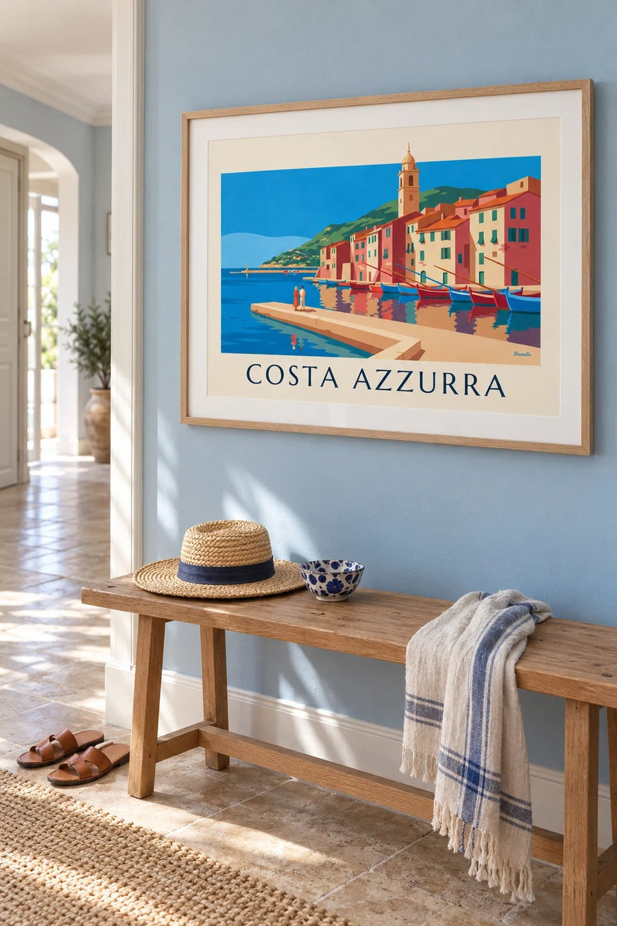 Poster facciate colorate e barche di un porto della Costa Azzurra: incorniciato al muro