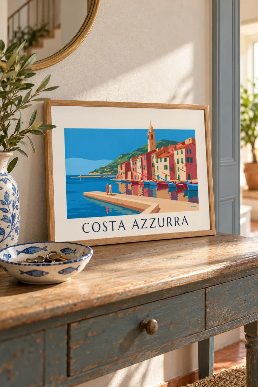 Poster facciate colorate e barche di un porto della Costa Azzurra: formato piccolo A4 con cornice